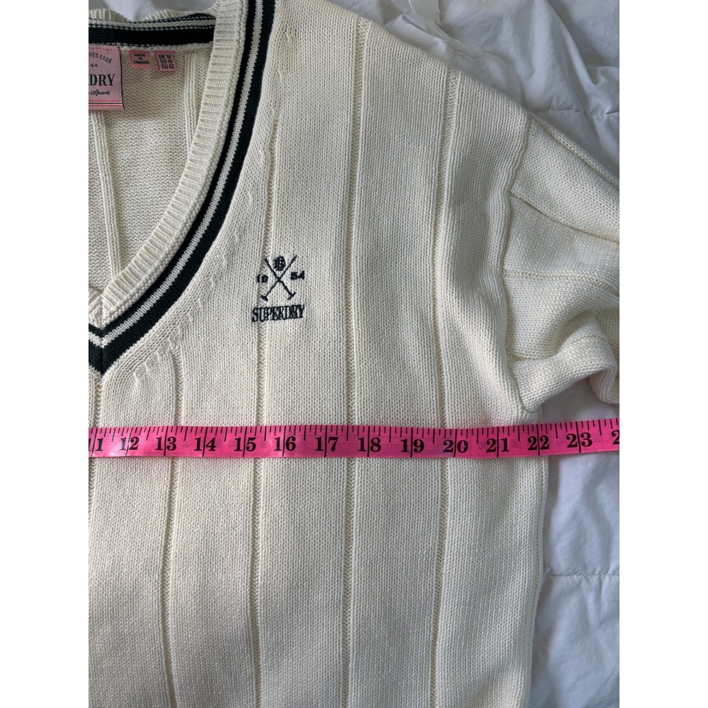 Superdry Cricket Club Jumper V-Neck Ribbed Sweater Cream Womens 10 Preppy - Picture 7 of 8